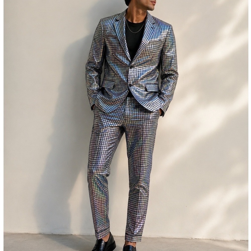 Holographic Silver Checkered Suit Set Men's Blazer & Pants Disco Party Festival